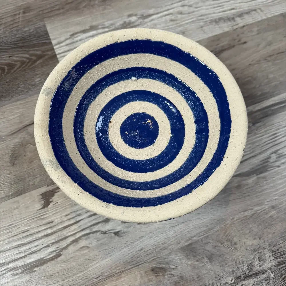 Handmade Studio Pottery Bowl Blue Stripe Pedestal Rustic Ceramic